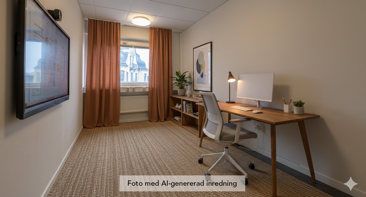Kontorsrum med skrivbord, dator, stol, förvaring och stor skärm på väggen samt fönster med gardiner.