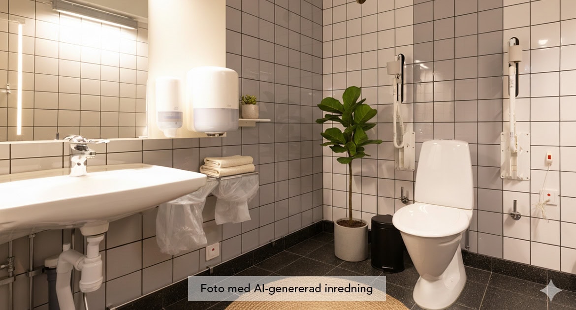 Tillgänglighetsanpassad toalett med handfat, stödhandtag, dusch och växt i hörnet.