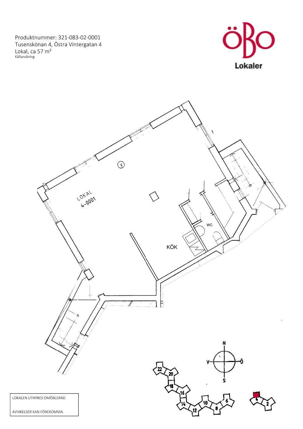 Ritning över källarlokal på Östra Vintergatan 4 med ett större rum samt kök, wc och entréhall.