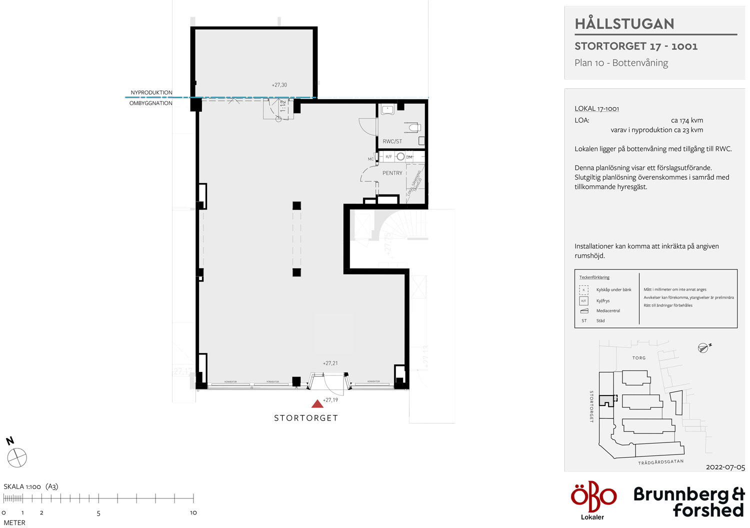 Planritning över butikslokal på Stortorget 17, 174 kvadratmeter med tillgång till pentry och RWC.