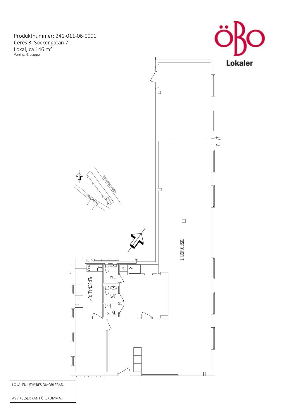 Planskis över lokalen med ett större rum, personalrum, två wc och städskrubb.