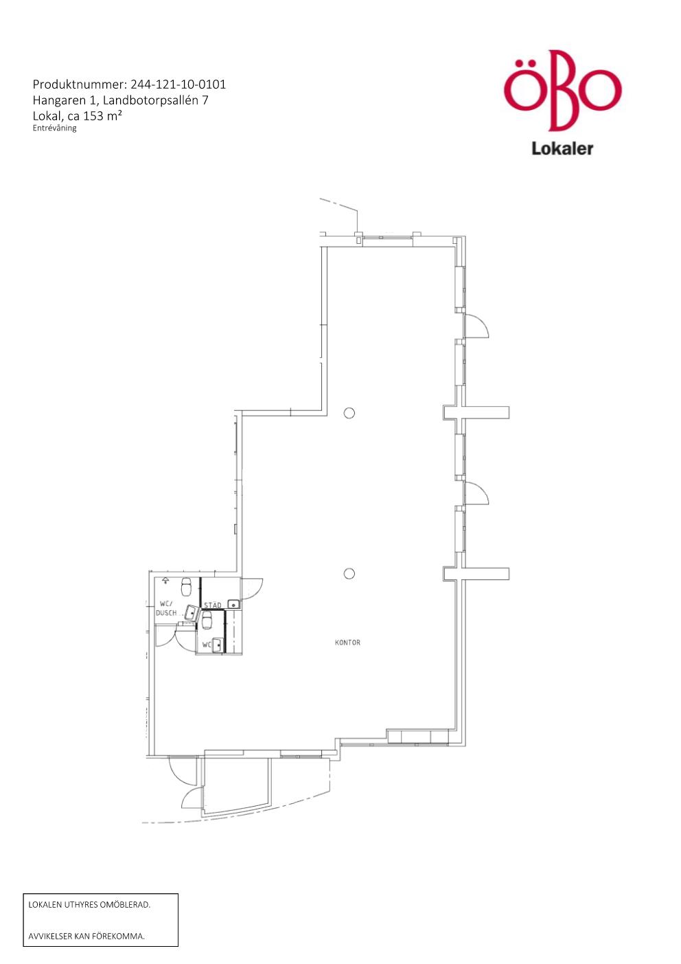 Planritning lokal på Landbotorpsallén 7, ett större kontorsrum med två små wc