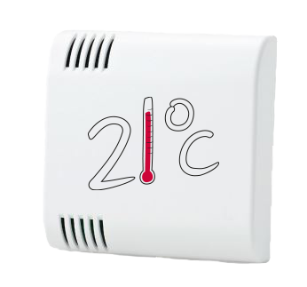 Temperaturgivare som installeras i lägenheten med en illustration med texten "21 grader" där ettan är i form av en termometer.