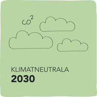 Moln på grön bakgrund och texten "Klimatneutrala 2030", illustration.