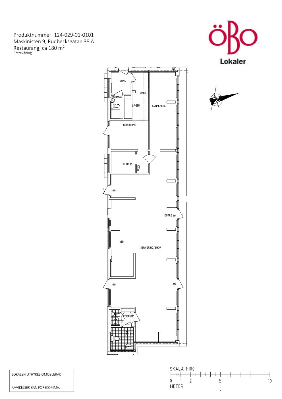 Planritning över lokal Rudbecksgatan 38, 180 kvm med servering, kök, diskrum, beredning, toaletter och konferens.