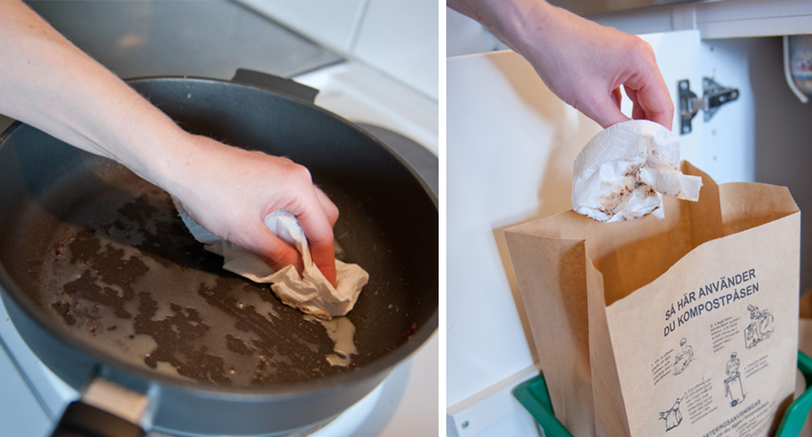 Torka matfett ur stekpannan med hushållspapper och släng det i den bruna påsen för matavfall