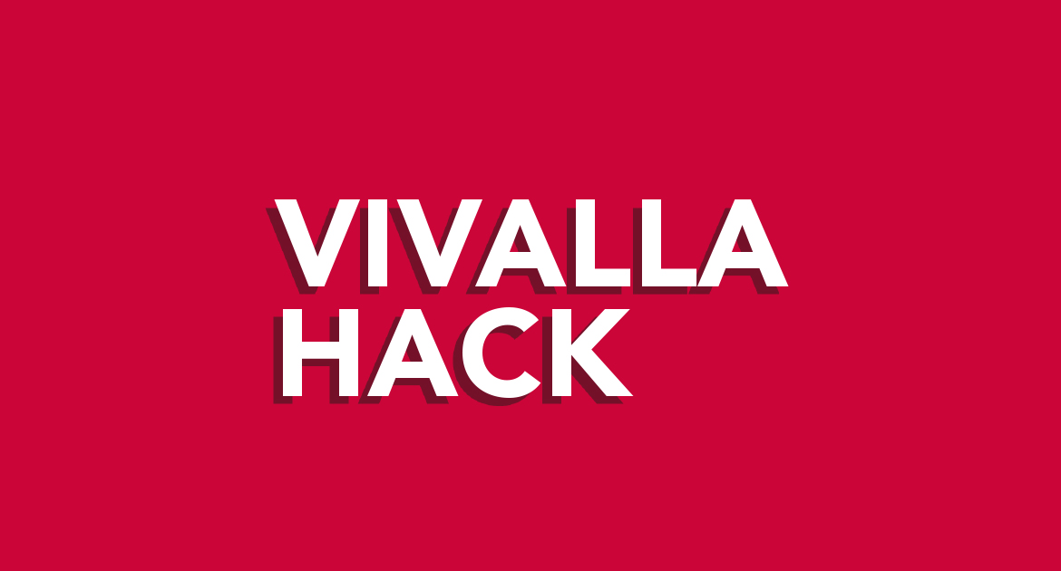 Röd bakgrund med texten Vivalla Hack i vitt med skuggning