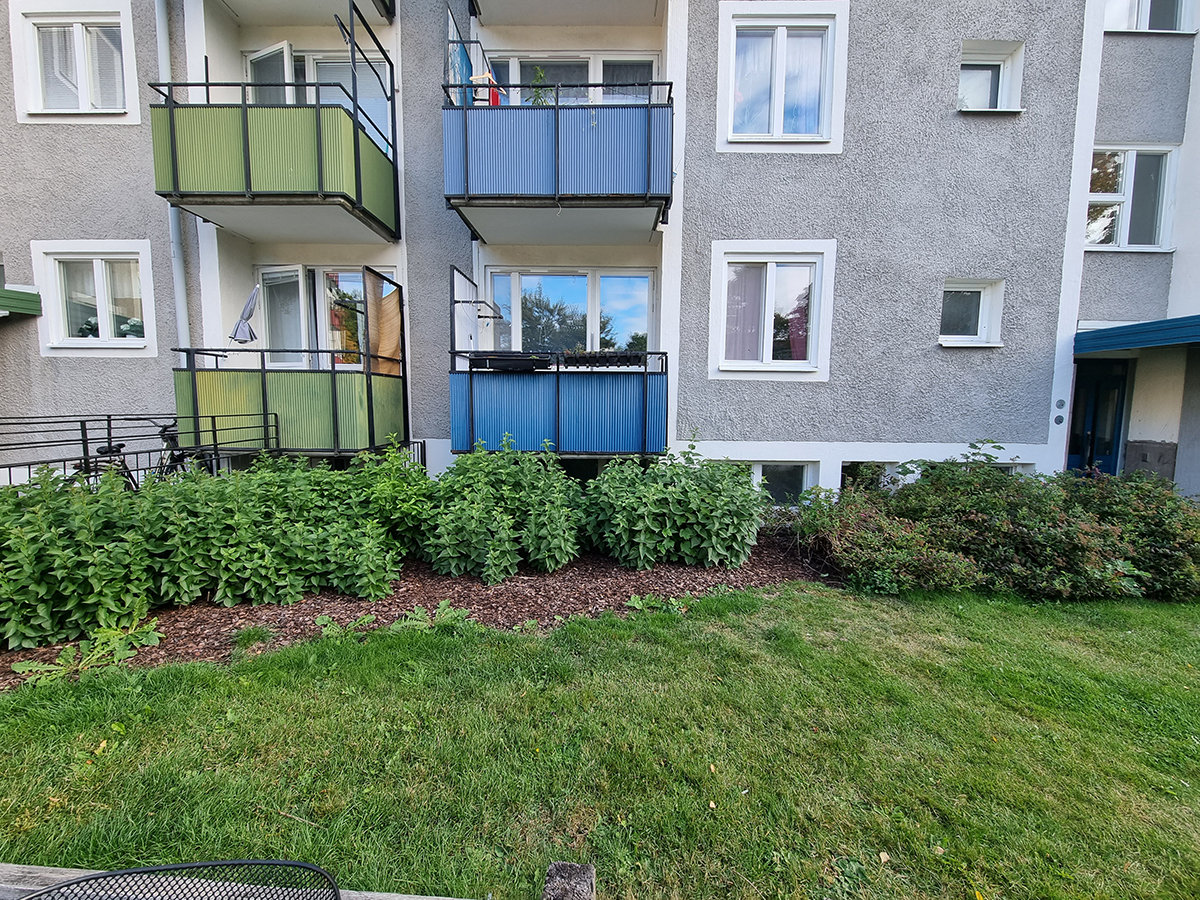 Husfasad på Lars Wivallius väg 1A, grått hus med blåa och gröna balkonger och gröna buskar nedanför.