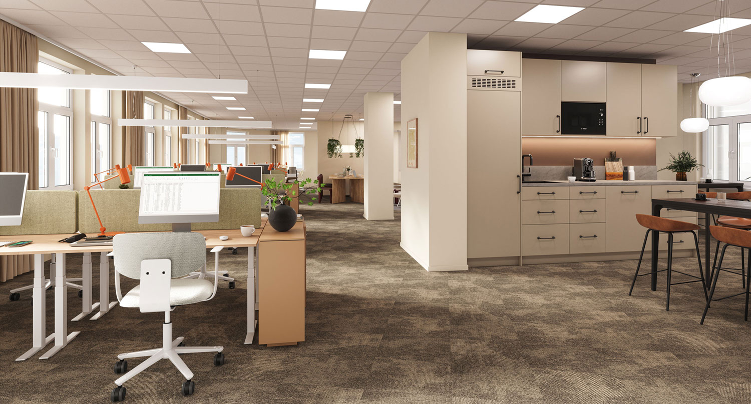 Visionsbild med kontorsyta med rader av skrivbordsplatser och ett gemensamt kök med kaffemaskin och sittplatser.