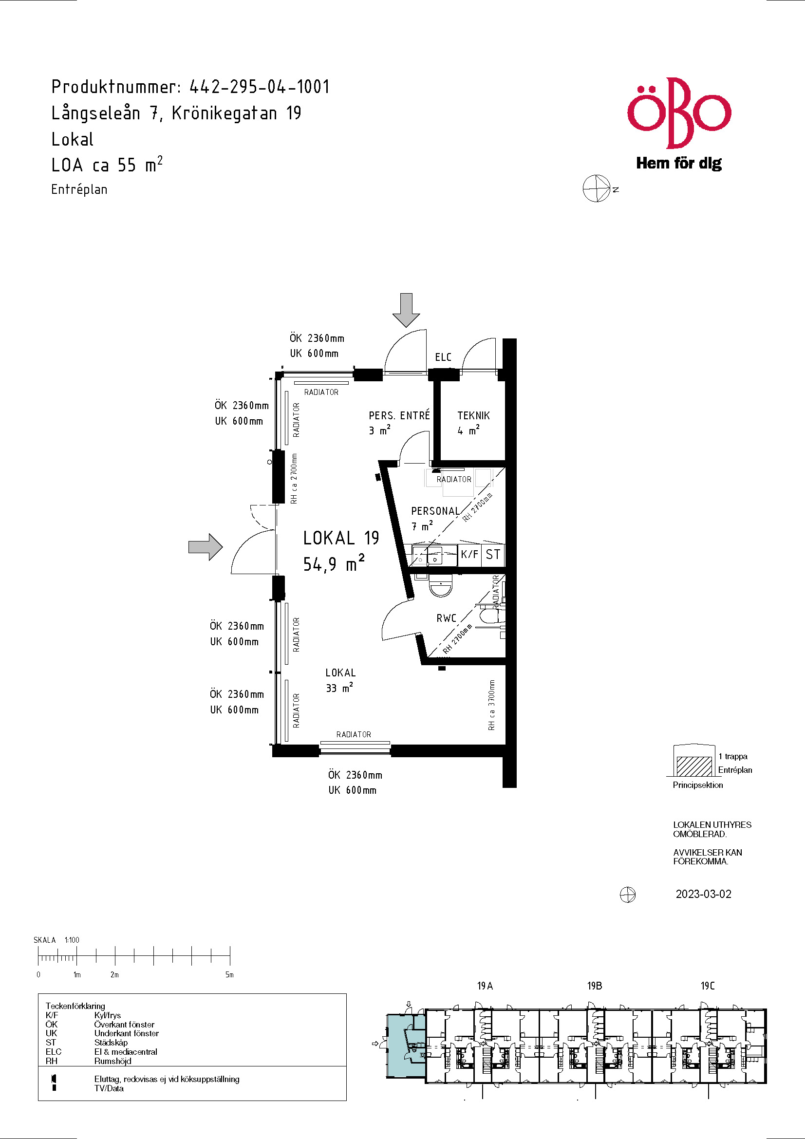 Ritning över lokal på Krönikegatan 19, 55 kvadratmeter. Ett större rum samt personalutrymme och rwc.