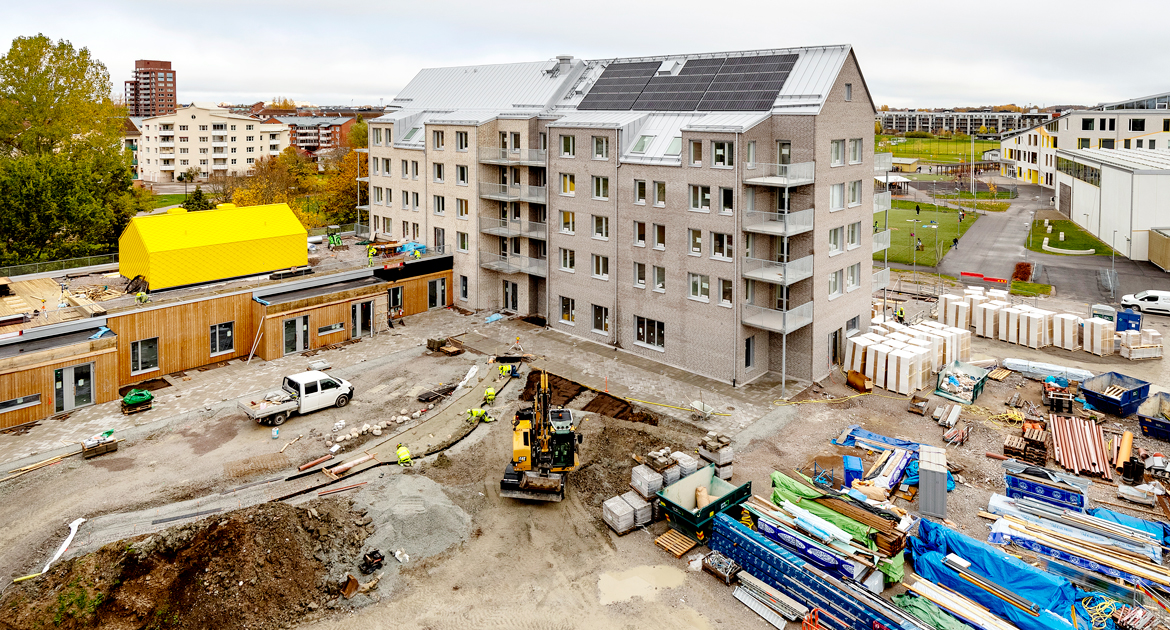 Byggarbetsplats vid byggnationen av nya kvarteret Biplanet, Södra Ladugårdsängen.