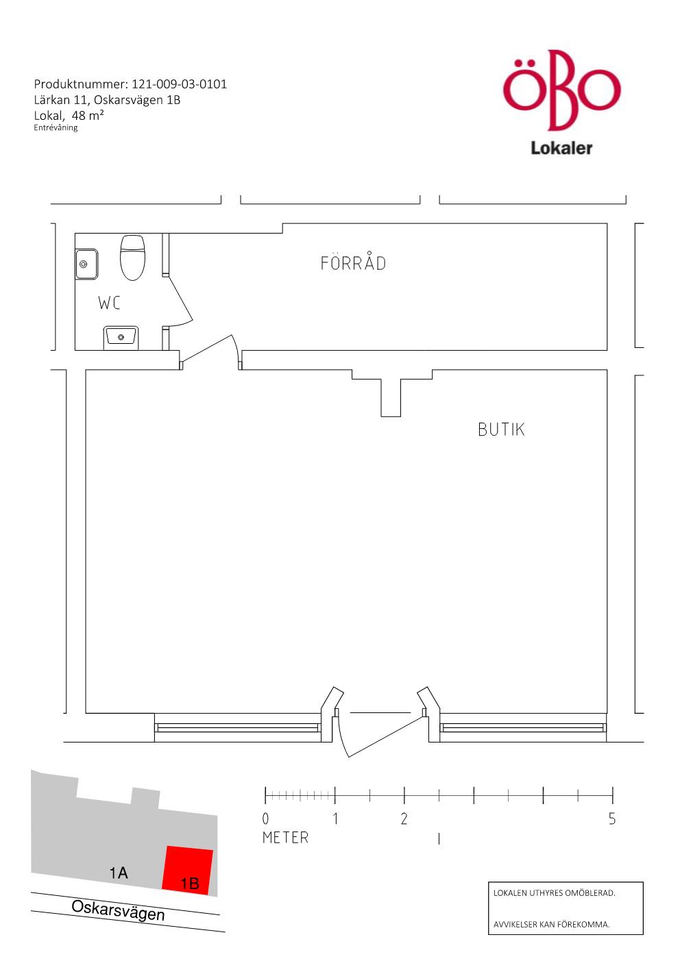 Planriktning med ett stort rum, ett mindre rum/förråd och WC.