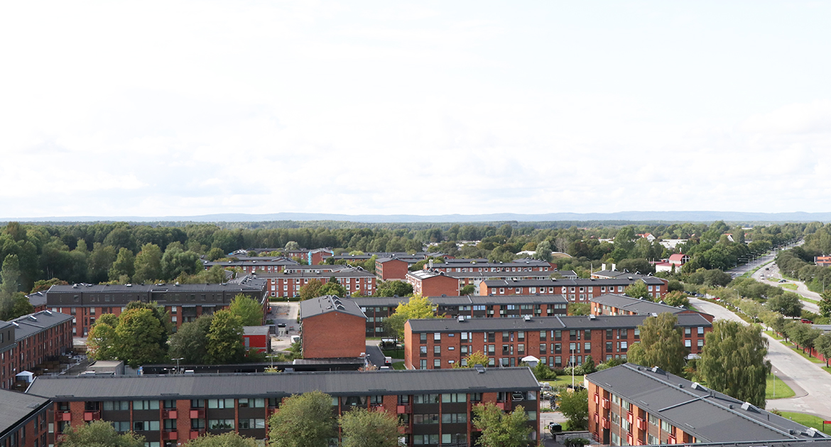 Utsikt mot Kilsbergen från höghuset i Varberga centrum översta våningen