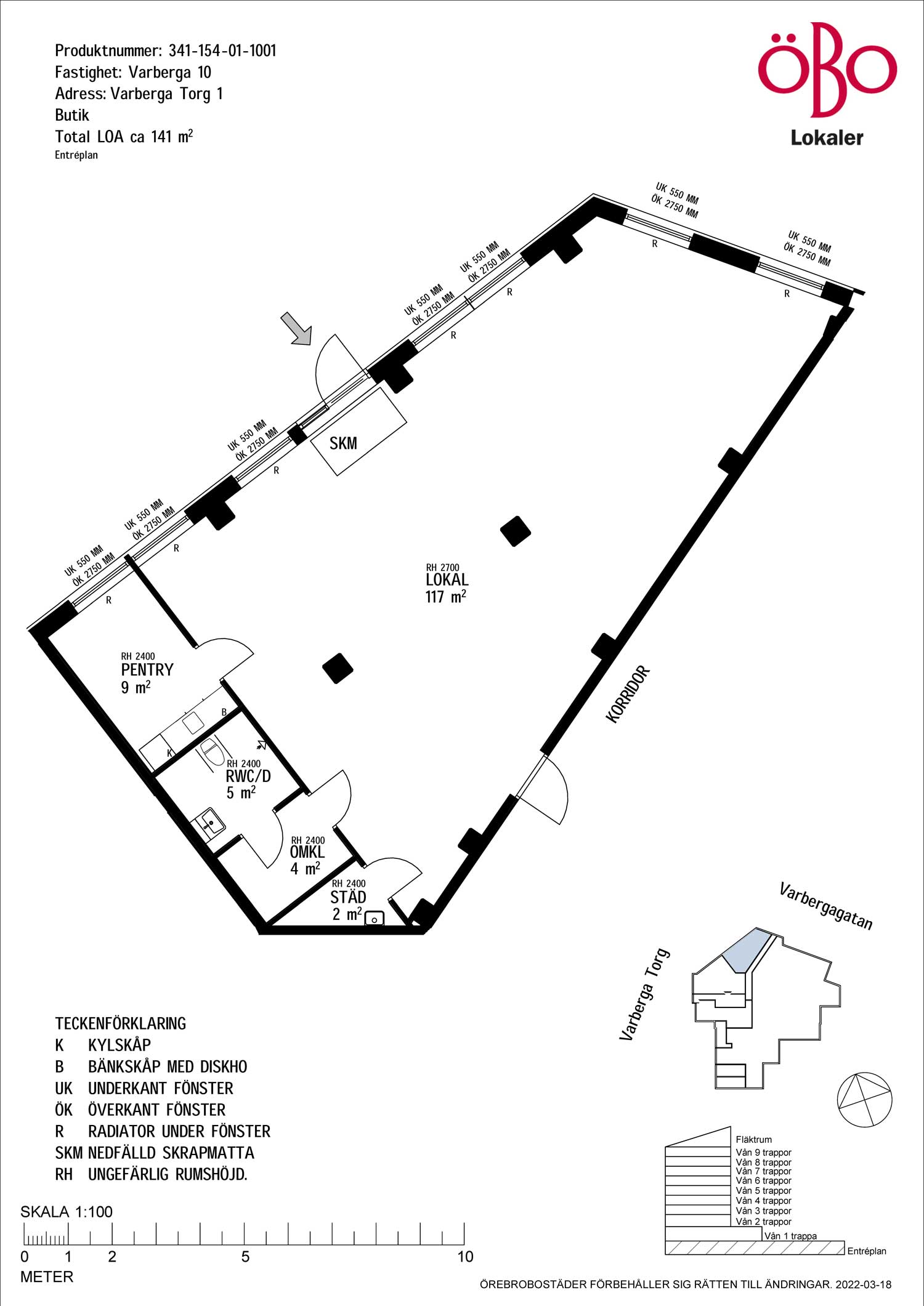 Planlösning över lokal i Varberga centrum bestående av stor öppen yta, pentry, omklädningsrum, RWC och städutrymme.