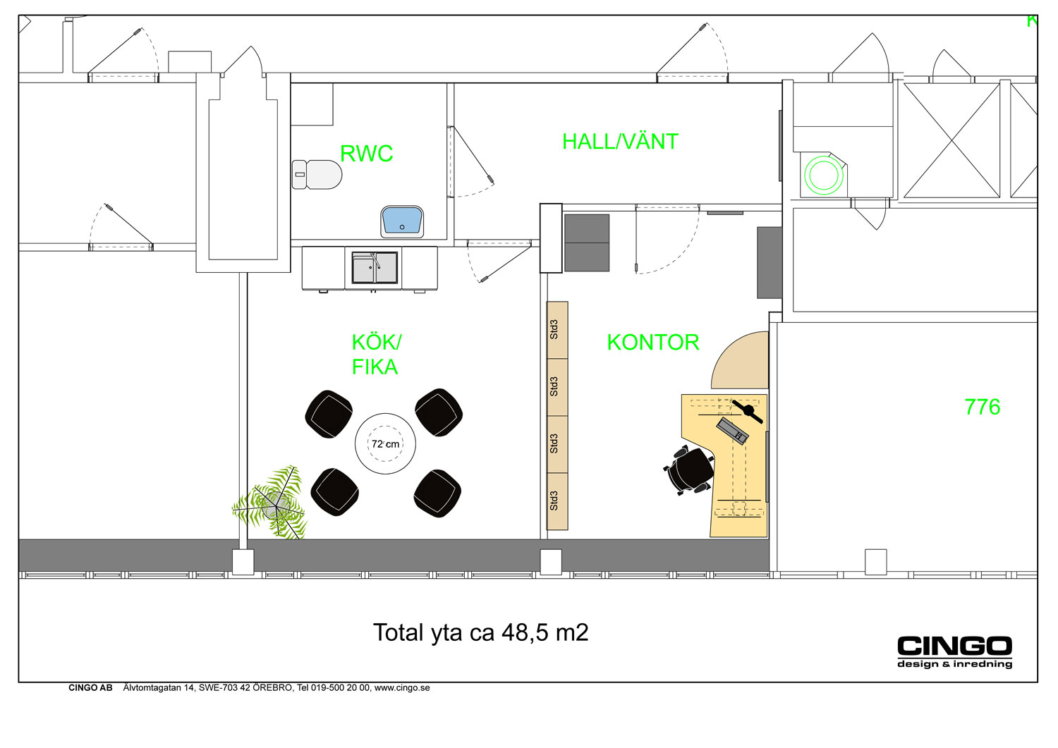 Planskiss med två rum, pentry, hall och RWC.