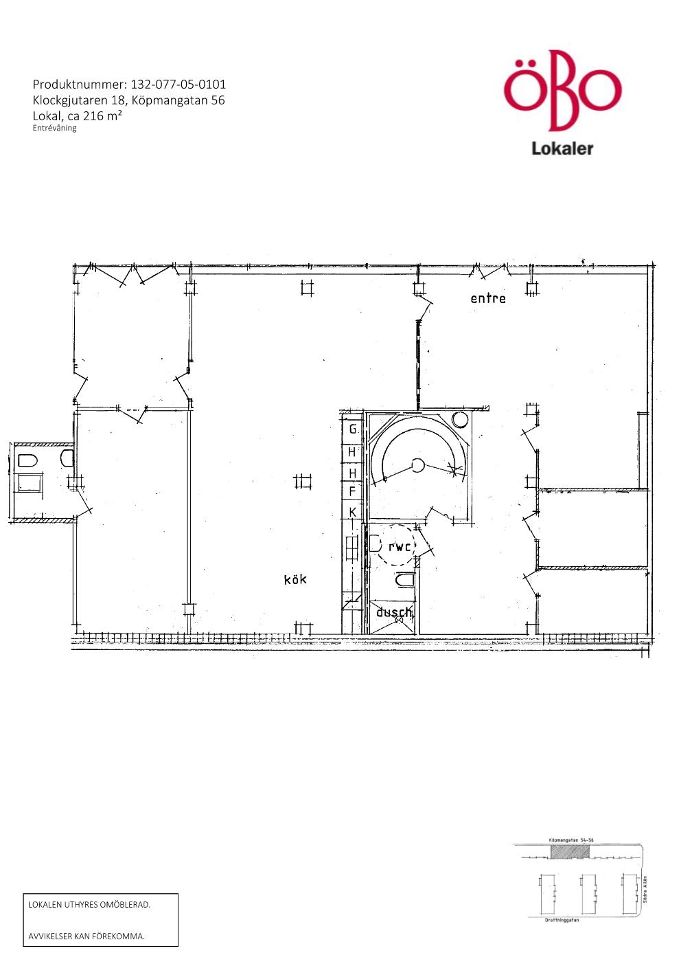 Planskiss över lokal på Köpmangatan 56-58.