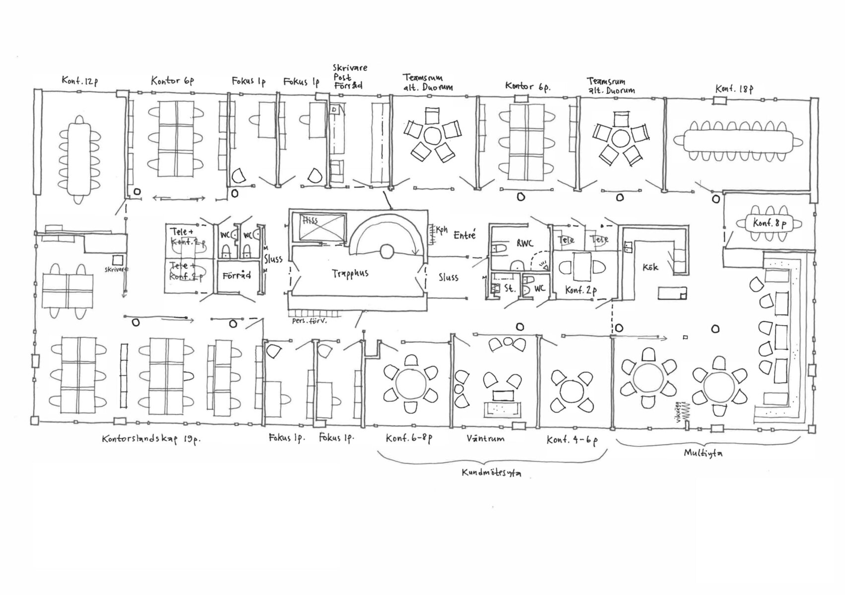 Planskiss med exempel på möblering i lokal på Drottninggatan 38, 582 kvm.