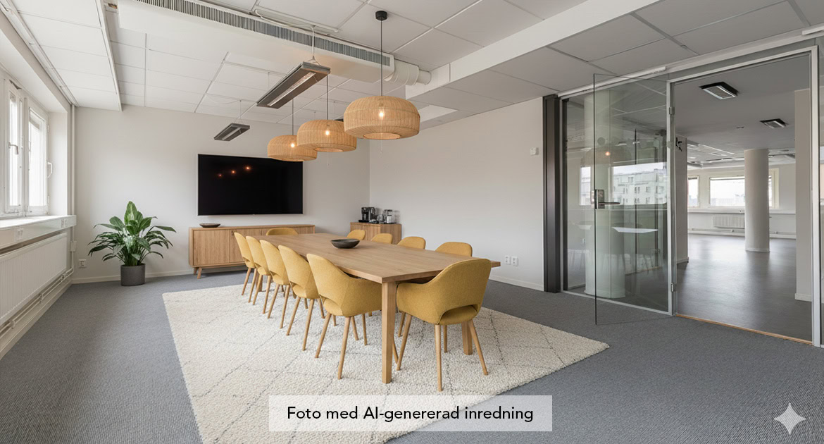 Modernt mötesrum med ett stort träbord omgivet av gula stolar, en TV på väggen och en grön växt i hörnet. Till höger syns glasväggar och en dörr som leder till ett angränsande kontorsutrymme. AI-genererad inredning på foto.