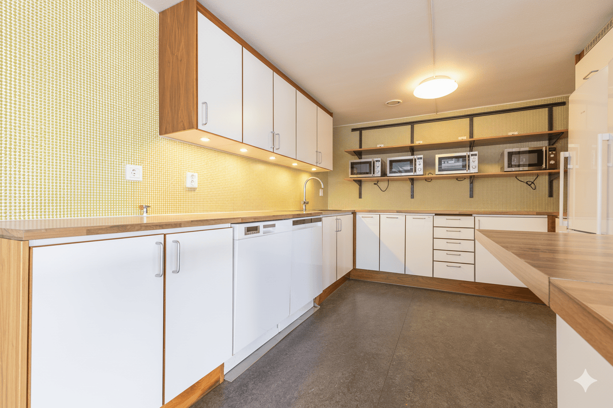 Kök/pentry med vita skåp och trädetaljer. Bänkskiva i trä, diskho, diskmaskin och flera mikrovågsugnar på hyllor. Vägg med gulmönstrat kakel.