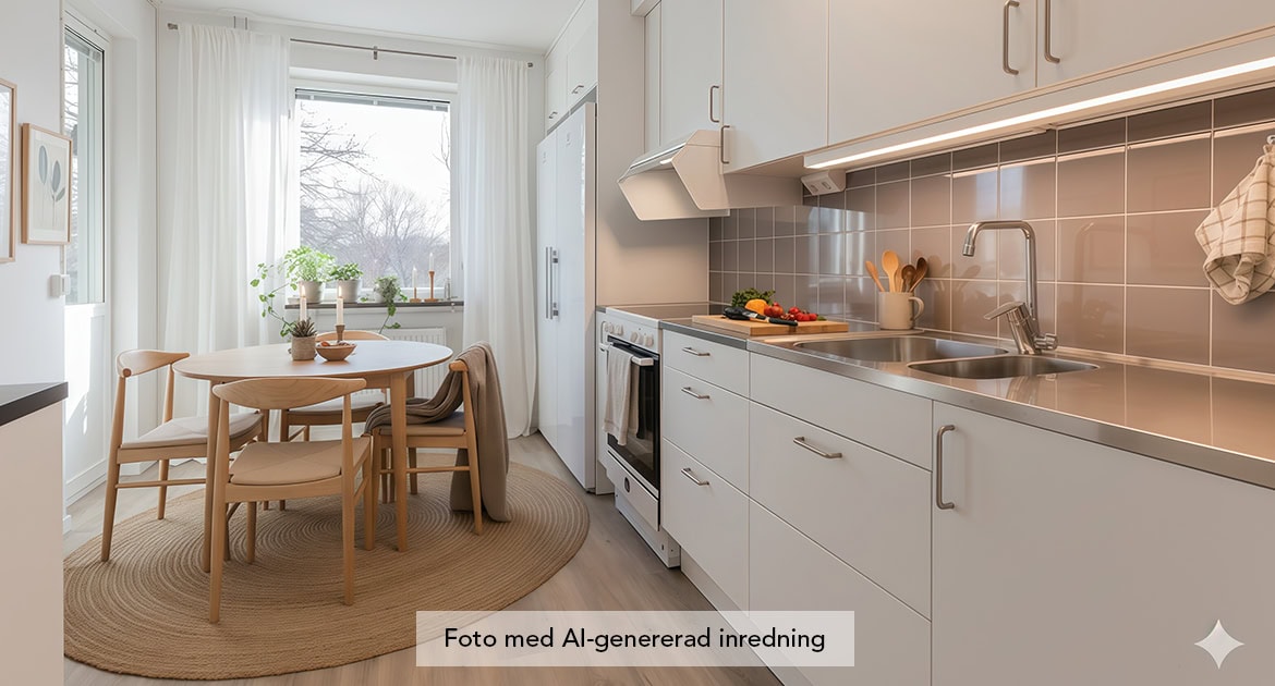 Inrett kök på Tengvallsgatan med hjälp av AI.