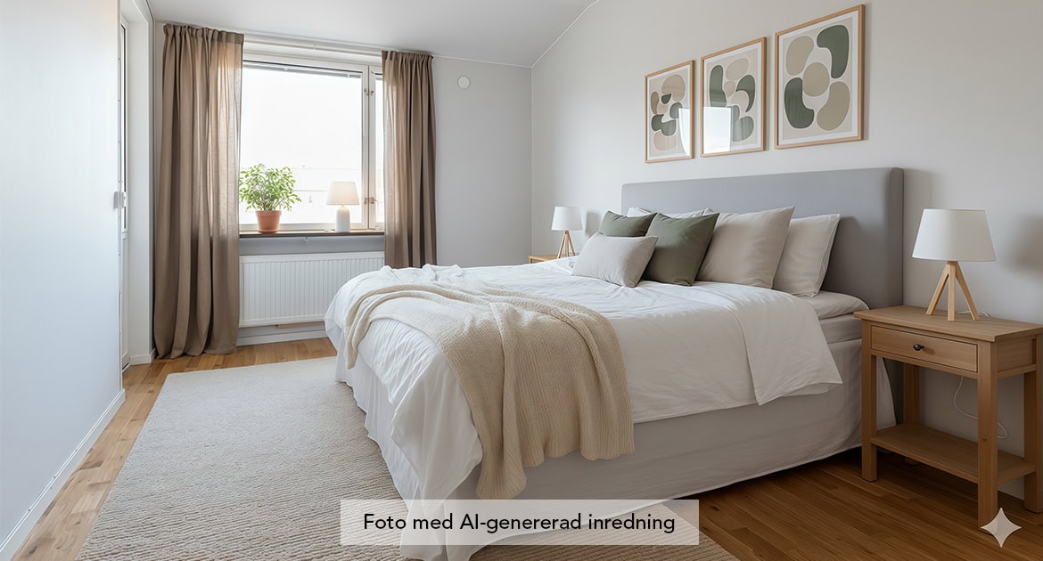 Inrett sovrum på Tengvallsgatan med hjälp av AI.