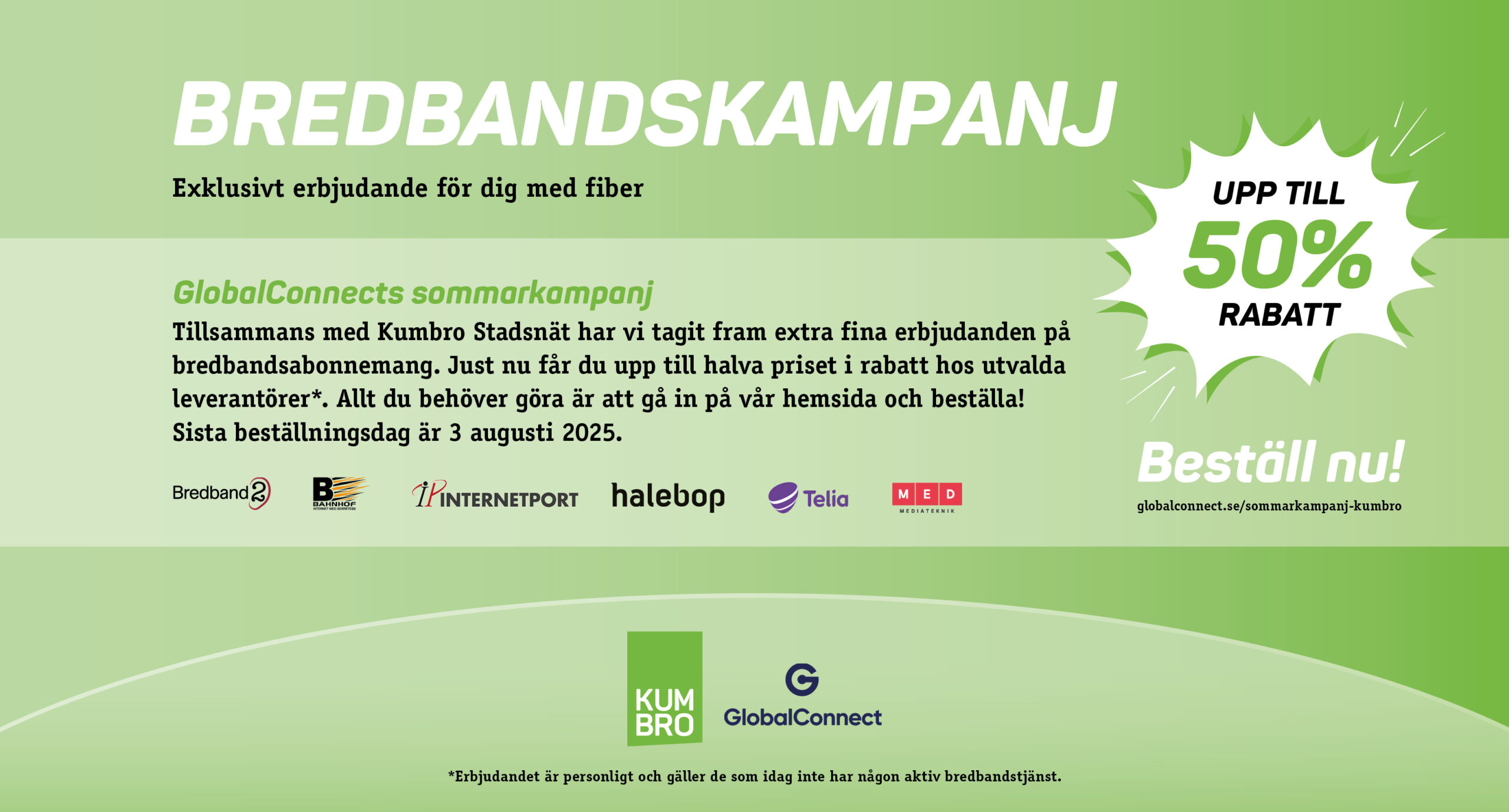 Illustration i grönt med textinformation om bredbandskampanj i sommar.