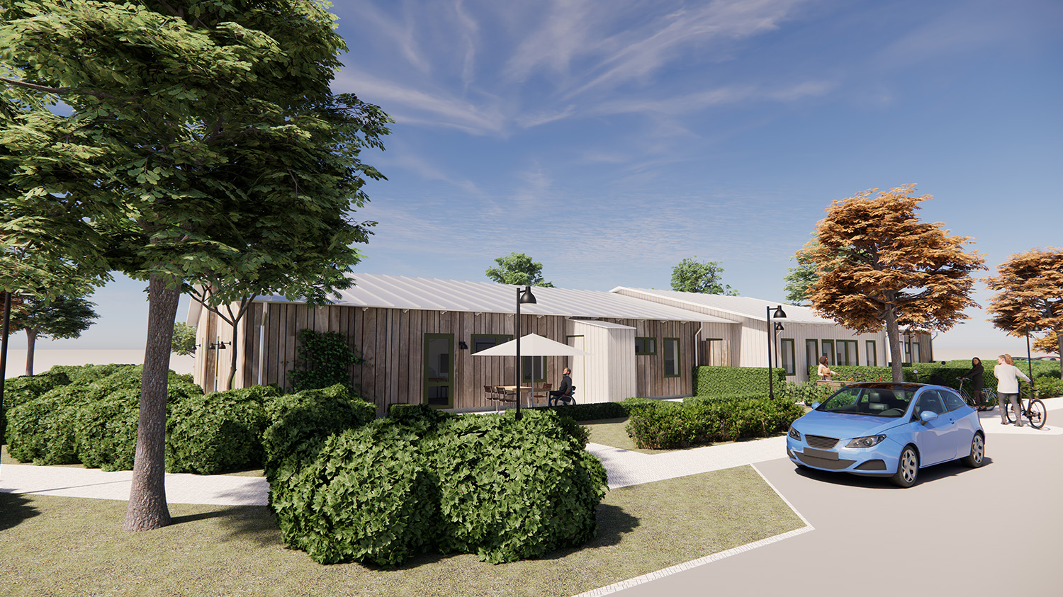Visionsbild av gruppbostäder i Garphyttan. Hus i ett plan, med trädgård.