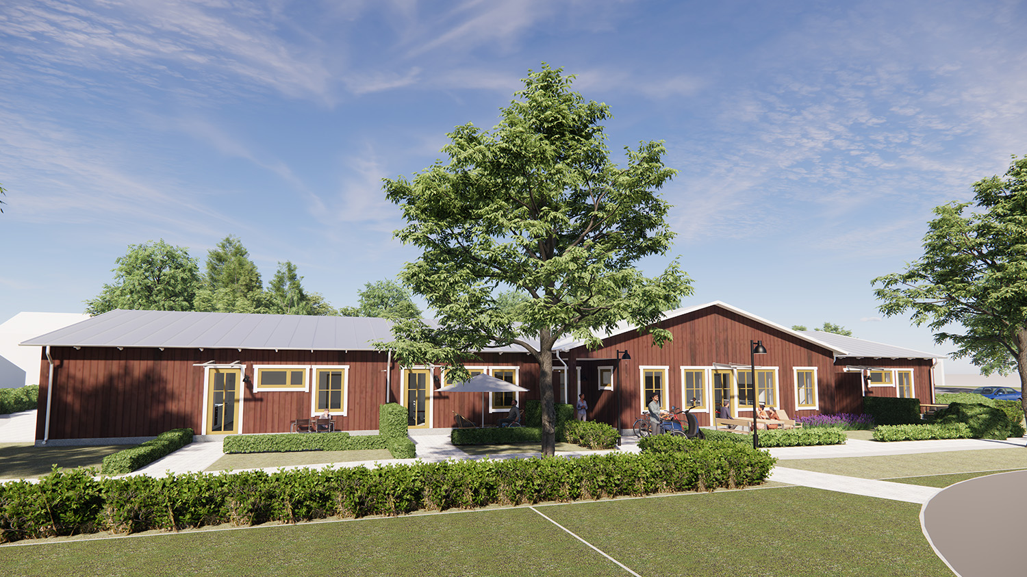 Visionsbild av gruppbostäder i Marieberg. Hus i ett plan, med trädgård.