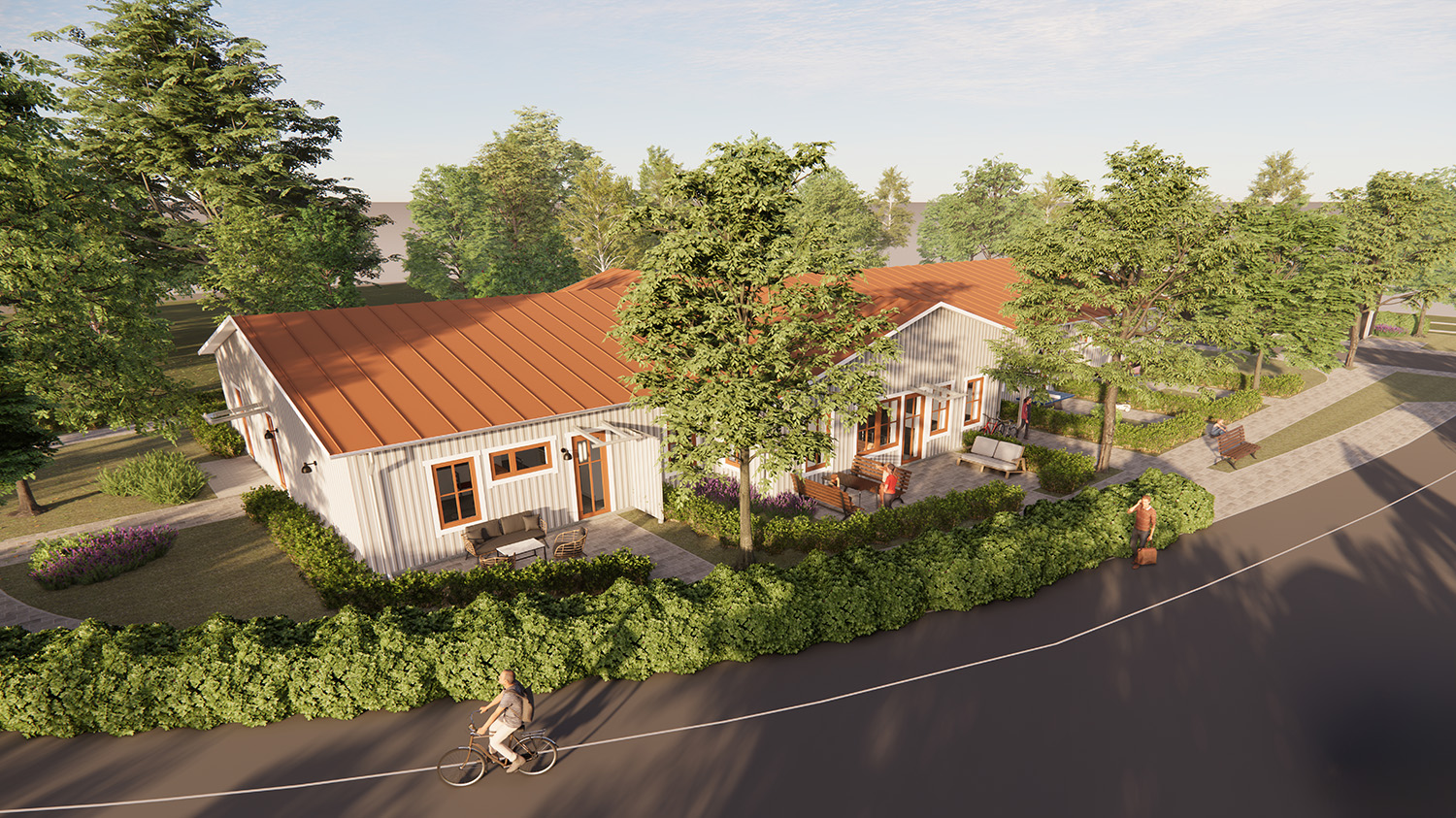 Visionsbild av gruppbostäder i Mosås. Hus i ett plan, med trädgård.