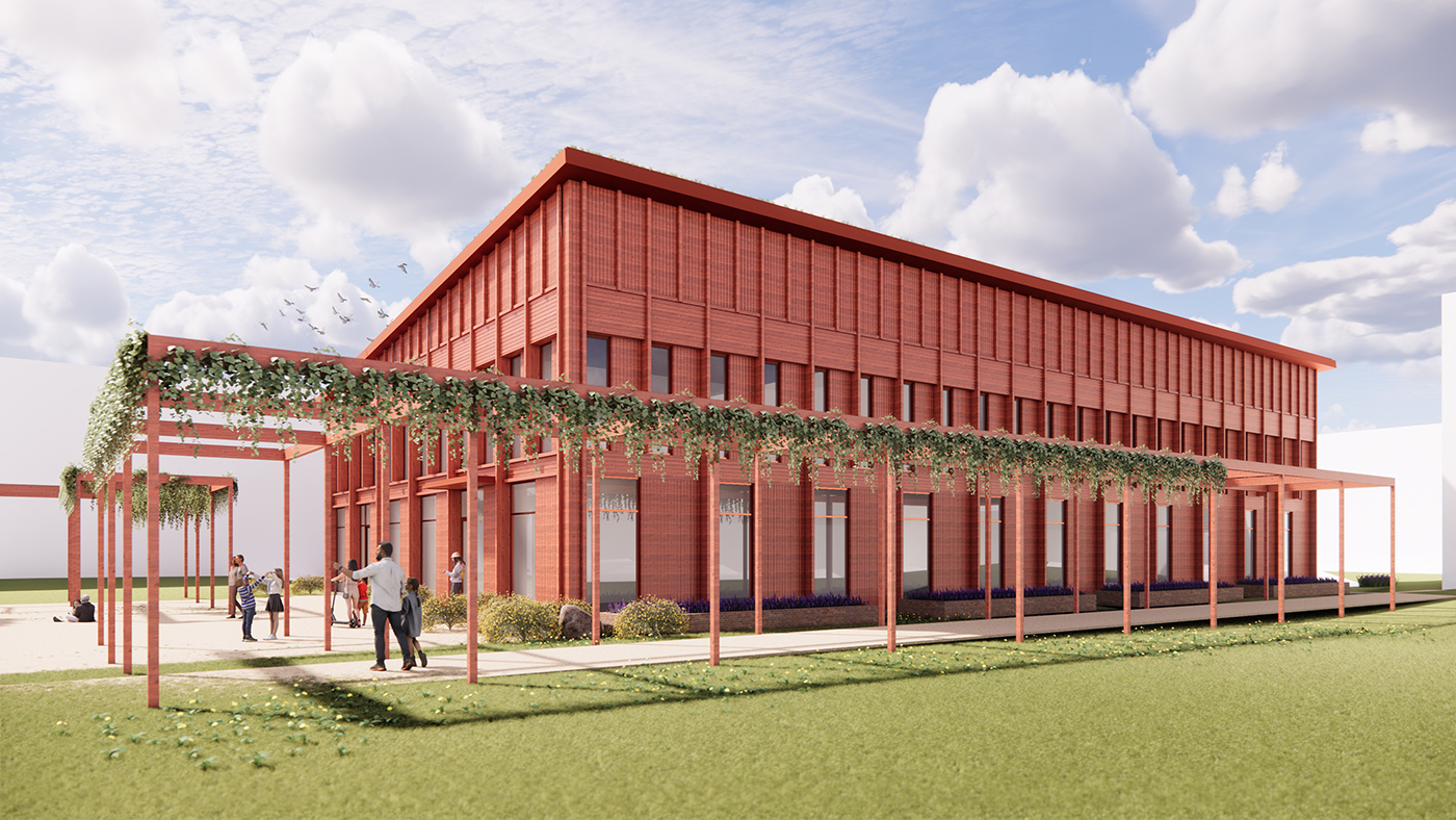 Visionsbild av Varberga kultur- och fritidscenter. Ett rött trähus i två plan.