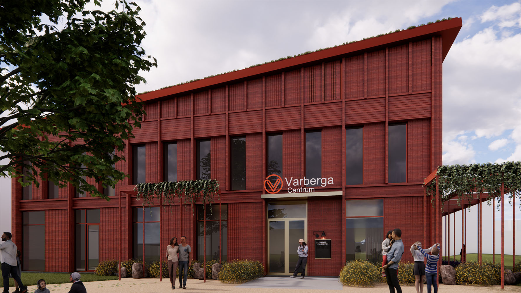 Visionsbild av Varberga kultur- och fritidscenter. Ett rött trähus i två plan.