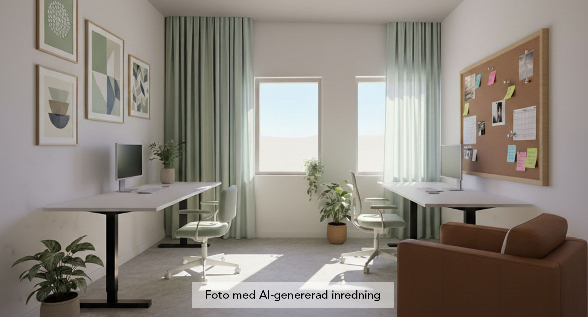 Ai-genererad bild av ett arbetsrum med två skrivbord