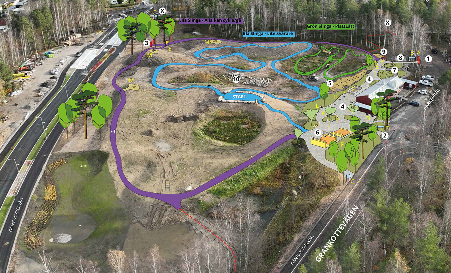 Skiss med flygvy över en anlagd lekpark med slingrande cykel- och gångbanor i olika svårighetsgrader, markerade i färger (lila, blå och grön). I området finns startpunkt, kurvor, små hinder, vegetation och en byggnad med intilliggande ytor och parkering.