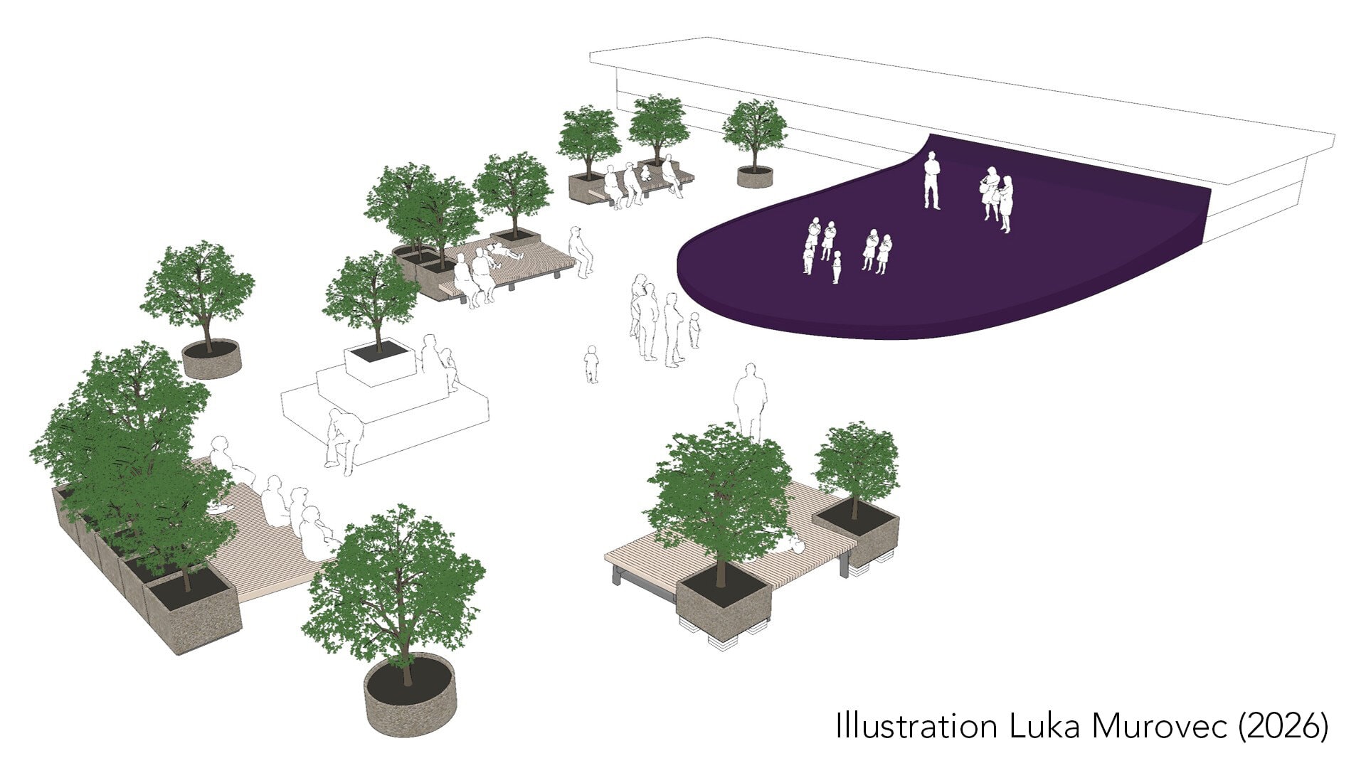 Illustration över Krämartorgets lila dansbana med sittgrupper och träd runtom. Illustration av Luka Murovec.