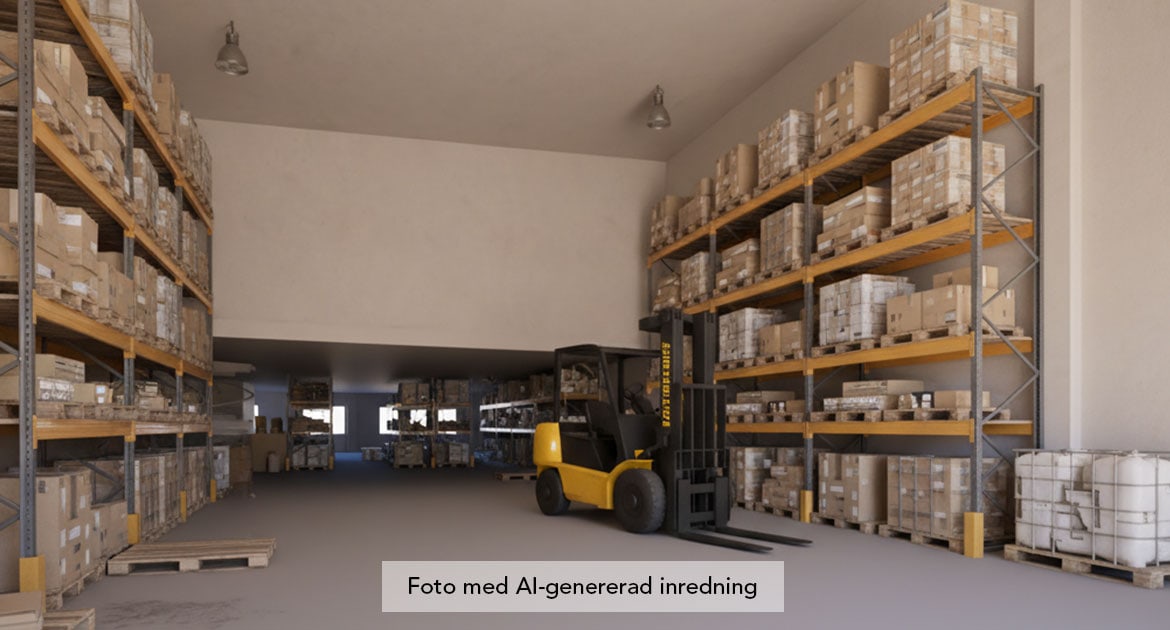 Ai-genererad bild av ett litet lager med en gaffeltruck