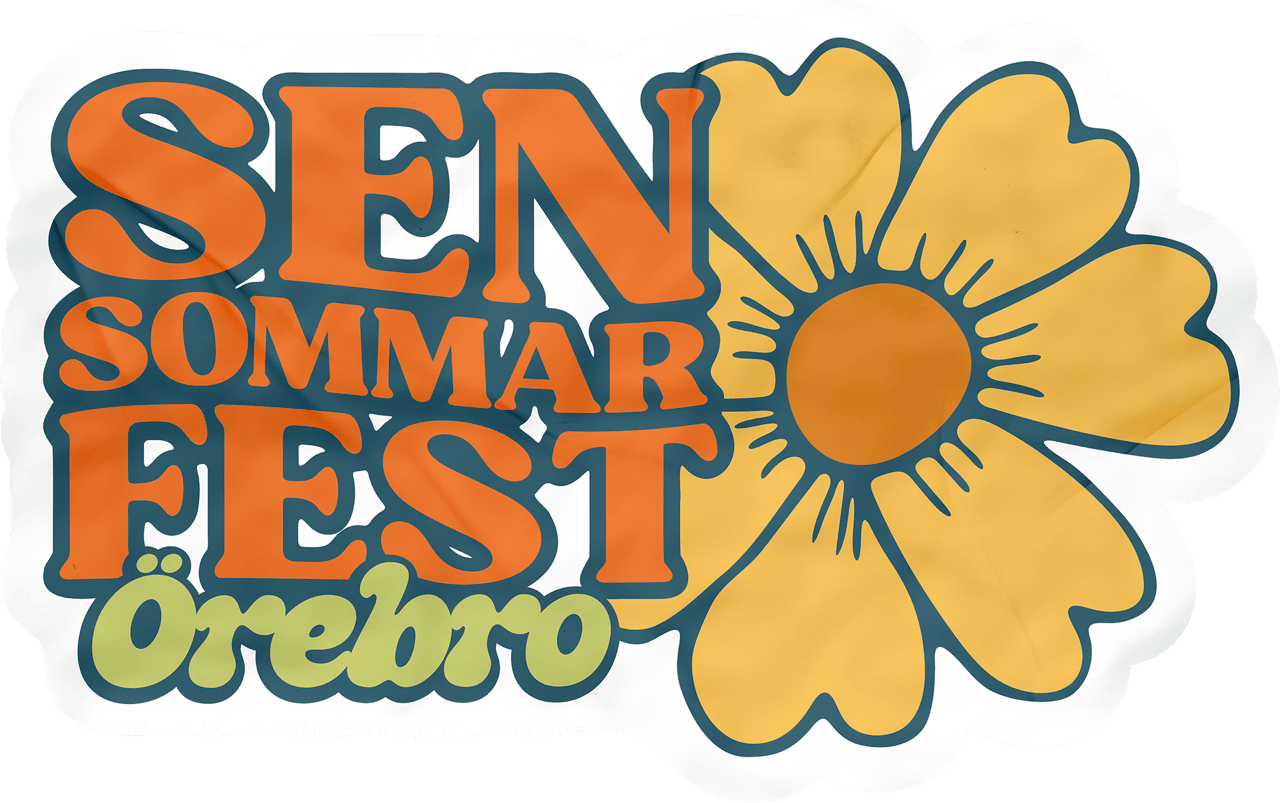 Logotyp med texten 'Sen Sommar Fest Örebro' tillsammans med en stiliserad gul blomma.